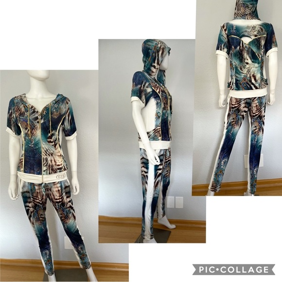 SALE💥NWT WOMEN TRACKSUIT SHORT SLEEVES STRETCH HOODED JACKET/PANTS ANIMAL PRINT - Picture 3 of 13